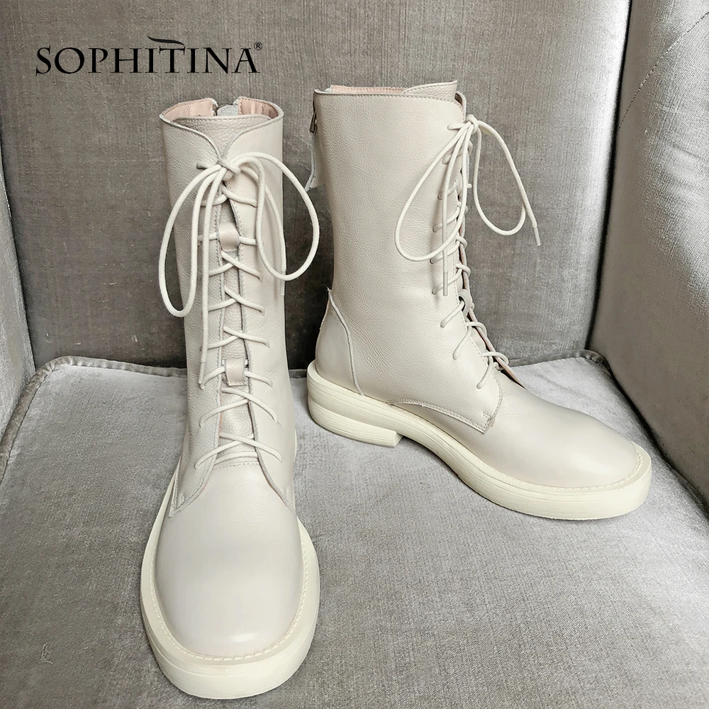 SOPHITINA/ Полсапоги женские на осень и зиму. Стильные ботинки Мартин из натуральной кожи с круглым носком; Базовая обувь с шнуровками и молниями на квадратном каблуке. Повседневные однотонные женские ботинки. SO194