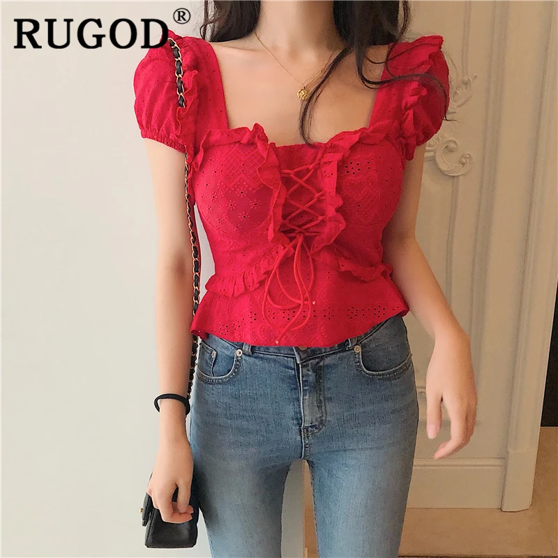 RUGOD корейские сексуальные кружевные вышивка женские рубашки элегантное женское