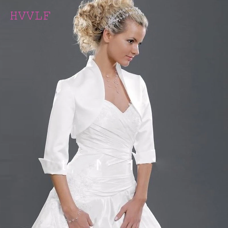 

Custom Made Hot Sale High Neck 3/4 Sleeves Satin Wedding Jacket White Black Plus Size Bridal Jackets