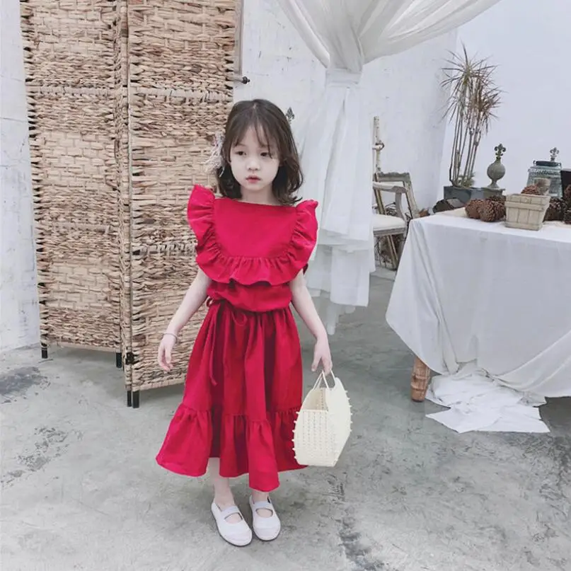 Однотонное красное платье с оборками для девочек летнее маленьких Vestidos детская