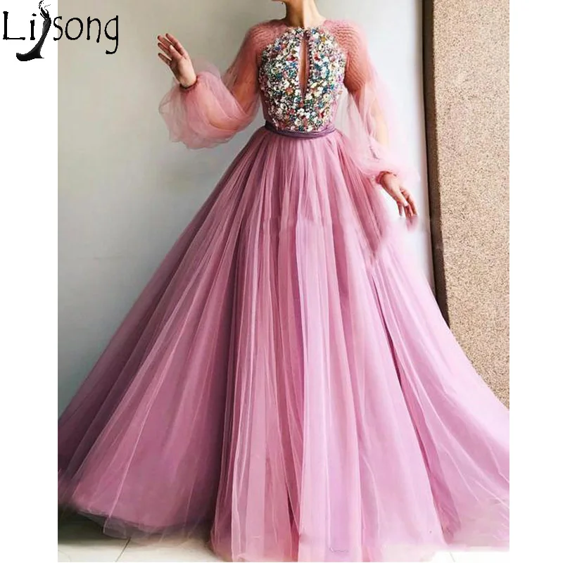 

Luxury Crystals Tulle Prom Dresses Long Sleeves Lavender A Line Vintage Evening Dress Cheap Sparkly Party Gowns robe de soiree