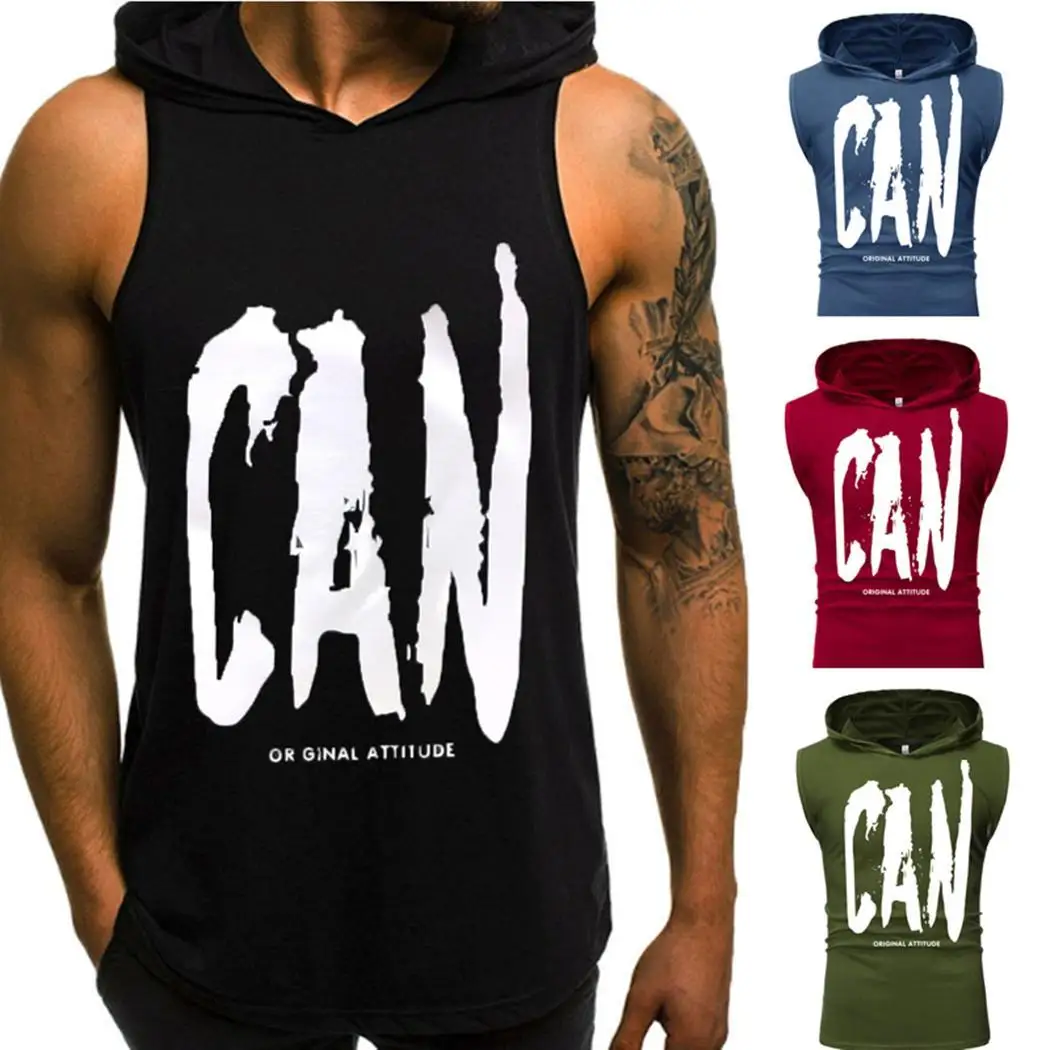 Men Casual Hooded Neck Sleeveless Letter Summer Print Red Green Blue Black Pullover Vest Top | Мужская одежда