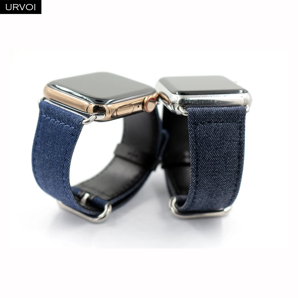 Ремешок URVOI для apple watch series 6/SE/5/4/3/2/1 кожаный браслет из синей джинсовой ткани iwatch