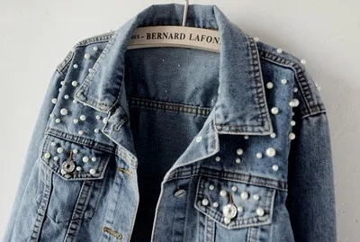 Vintage Pearl Short Denim Jackets Women Beading Loose Coat Long-Sleeve For Girl Casual Jean Jacket Bomber Oversized Coat