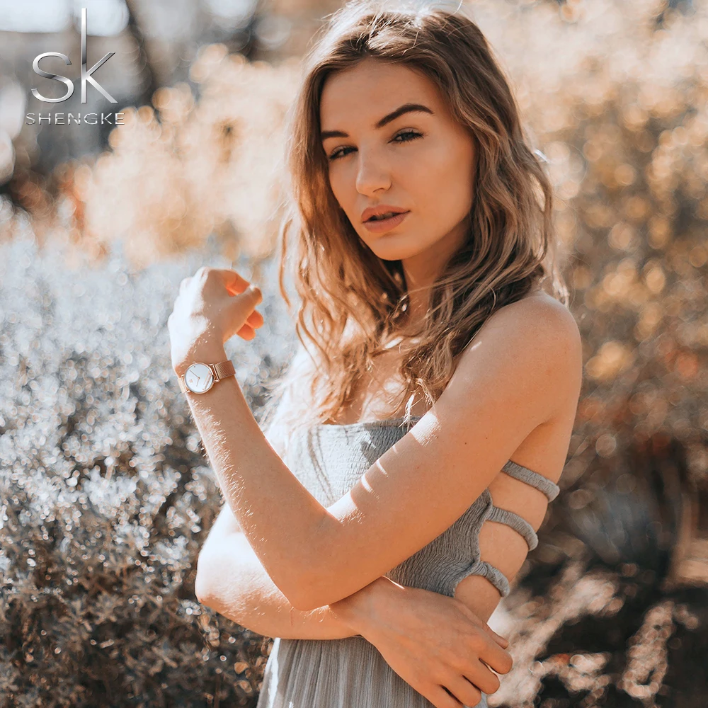 Shengke Rosegold Роскошные сетчатые женские часы с кристальным циферблатом Reloj Mujer