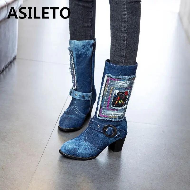 ASILETO джинсовые сапоги до середины икры женские ковбойские синие пряжки на молнии