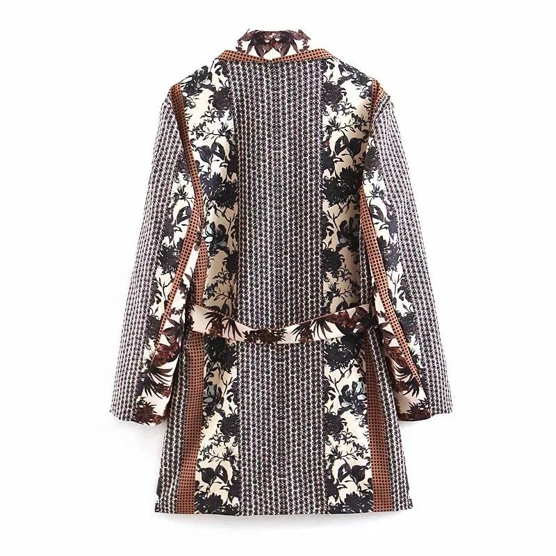 Klacwaya women vintage brown blazer with belt 2019 fashion ladies plaid-floral suits notched collar girls loose blazers chic set | Женская