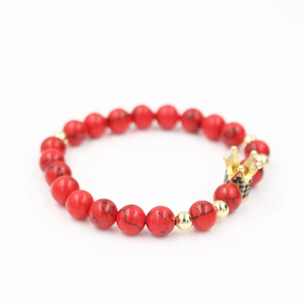 Новая мода Красный Howlite камень бусы проложить CZ императорская корона браслет для