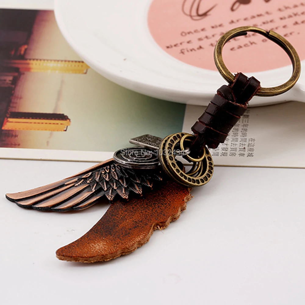 

300pcs/lot Punk Eagle Wings Pendants Genuine Leather Keychain Men Cowhide Key Ring Buckle Car Key Chain Waist Accessory Jewelry