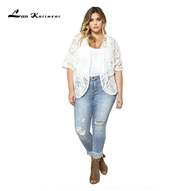 

Lan Karswear 2018 Summer White Lace Cardigan Jacket Sexy Hollow Out Coats Three Quarter Casaco Feminino Plus Size Jaqueta
