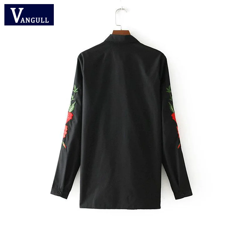 Vangull Women Black Blouses Vintage Flower Embroidery Shirts 2018 New Cotton Long Sleeve Turn Down Collar Ladies Retro Tops |