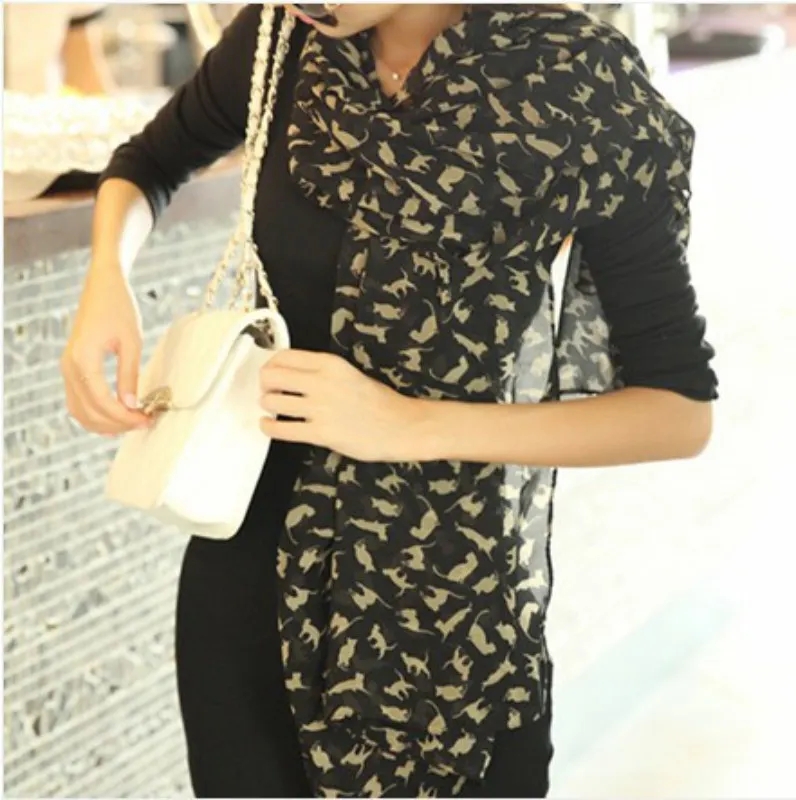 Цветной женский шифоновый шарф с принтом милого кота из мультфильма Котенок