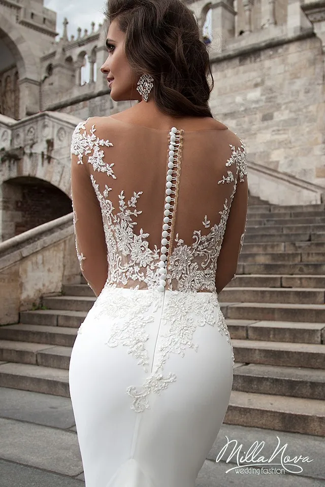 Новое Прибытие Русалка Свадебные Платья 2017 Иллюзия Шеи Длинные Рукава Суд Поезд