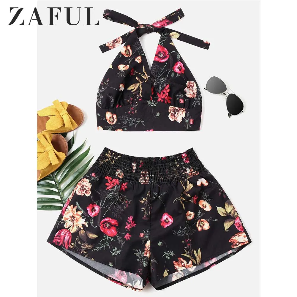 ZAFUL Холет из двух частей для женщины цветочный без рукавов топ эластичный пояс короткий костюм женщины набор пляж Boho повседневные летние комплекты