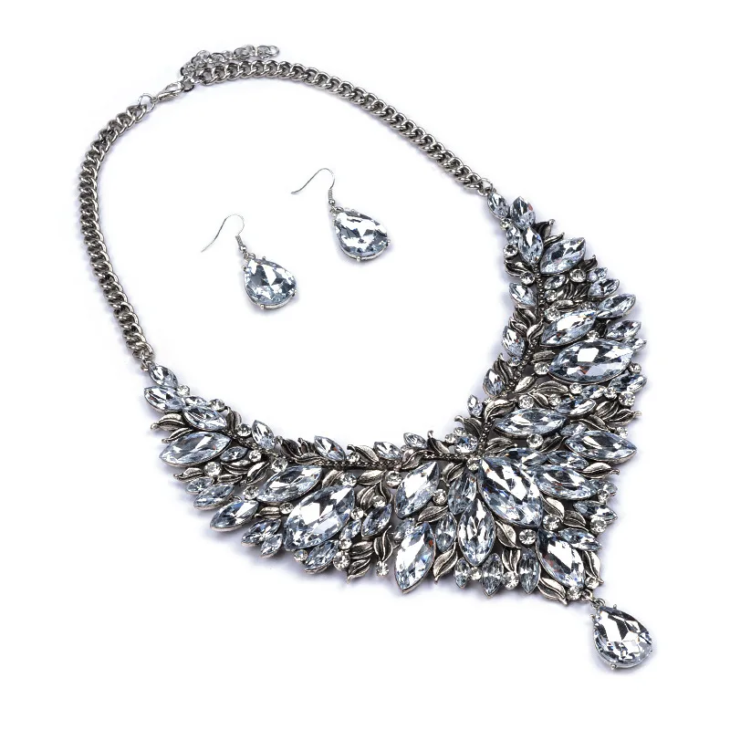 4 colors Fashion Womens Necklace With Earring Crystal Chunky Choker Necklaces Statement Jewelry |