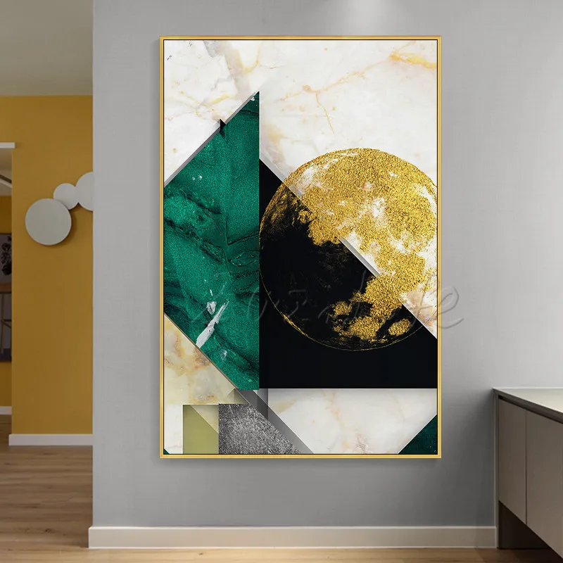 Геометрическая треугольная Золотая земля шар темно зеленая картина акриловая