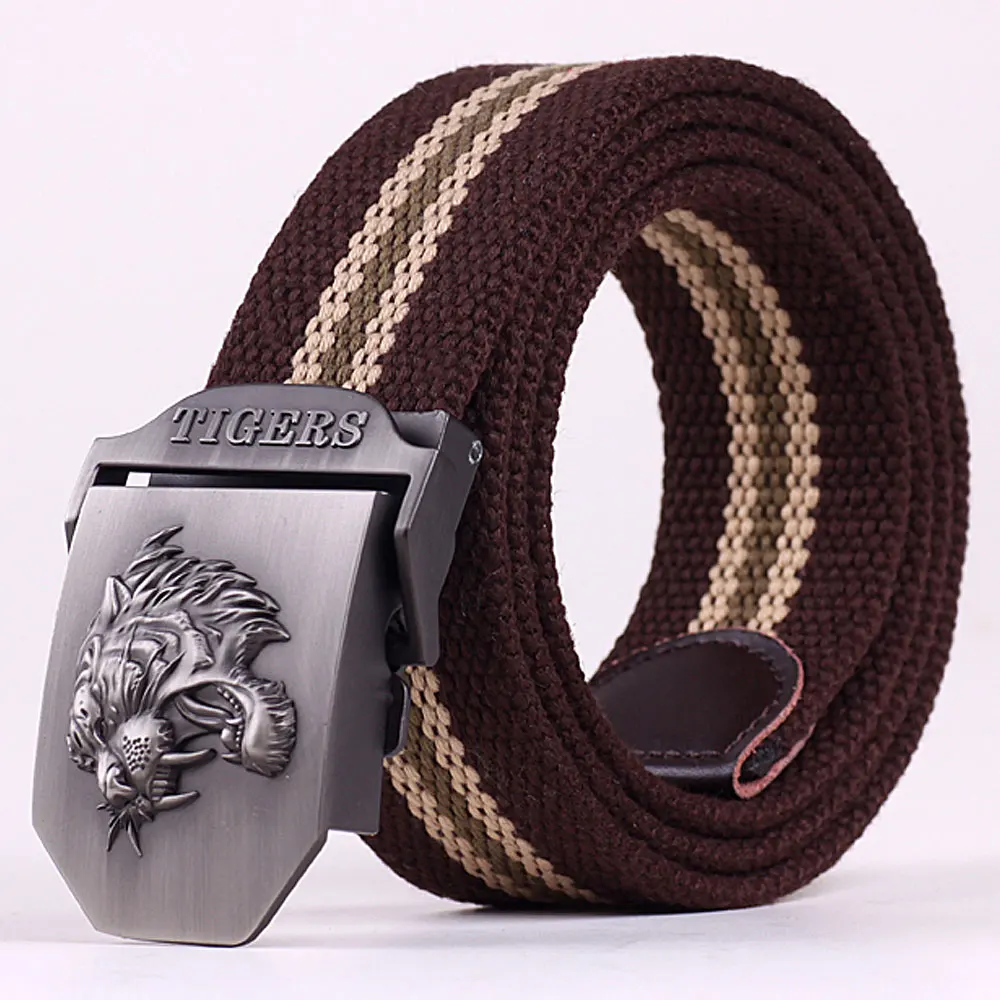 Style1 Coffee Stripe Новое поступление, мужской холщовый ремень с тигровой пряжкой, военный ремень, армейские тактические ремни для мужчин, высокое качество, мужской ремень - Цвет: Style1 Coffee Stripe