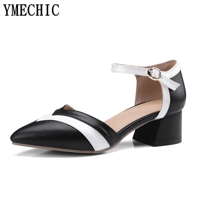 YMECHIC/летние стабильные туфли лодочки на среднем блочном каблуке Белые черные