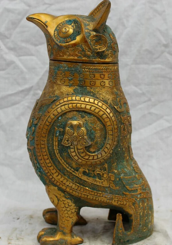 

song voge gem S2588 11" Folk Chinese Dynasty Palace Old Bronze Gilt Owl Head Statue Bird Sculpture