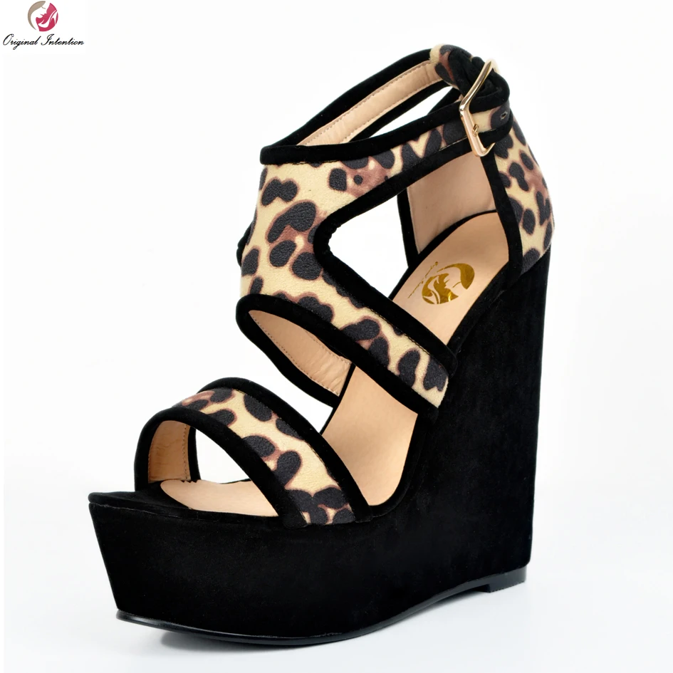 

Original Intention New Sexy Women Sandals Nice Platform Peep Toe Wedges Sandals Fashion Leopard Shoes Woman Plus US Size 4-15