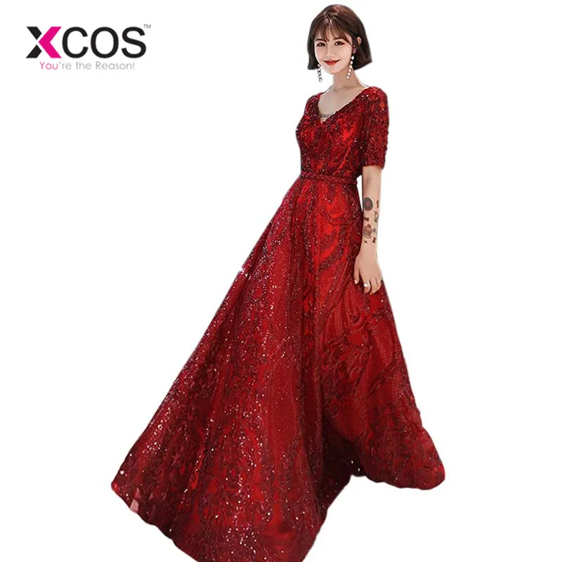 XCOS Элегантный vestido длинная Аппликация из бисера длинное ТРАПЕЦИЕВИДНОЕ ПЛАТЬЕ
