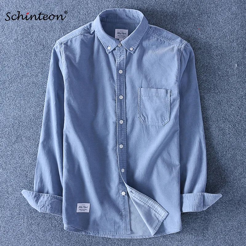 Рубашка Schinteon Top Quality из 100% хлопка с кордюрой, длинными рукавами, облегающая, модный бренд S-4XL.