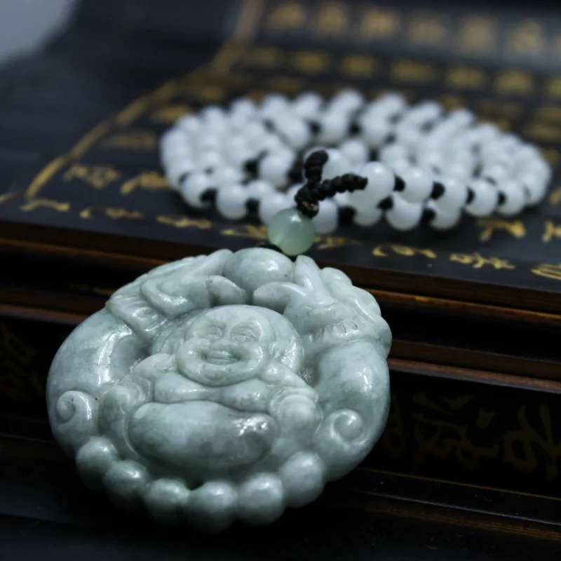 Натуральный карго jadeite двусторонний Смеющийся Будда Shuanglong леди Jades кулон