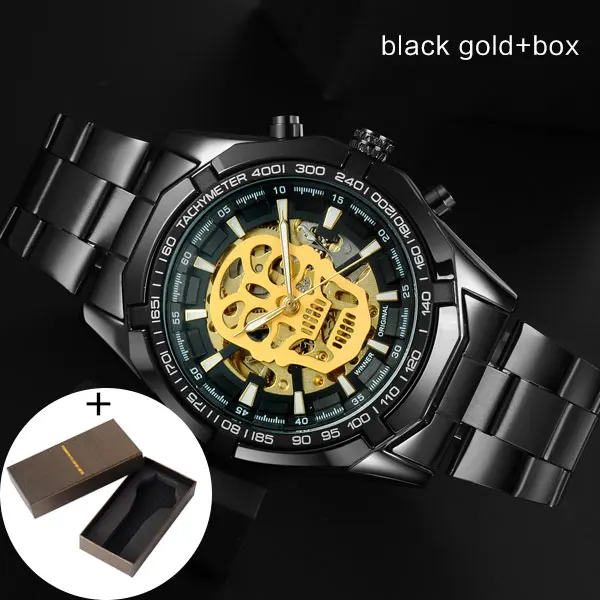 black gold box T-WINNER Мужские механические часы Winner Топ люксовый бренд из нержавеющей стали скелетные часы самоветер механические мужские часы - Цвет: black gold box