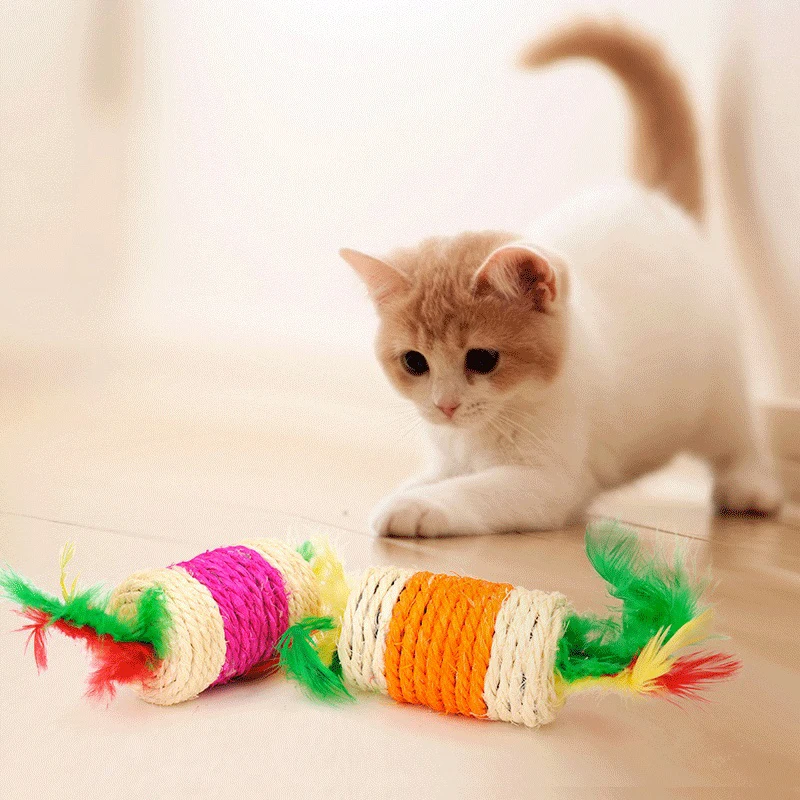 Цветной перо сизалевый круглый ящик Cat дразнящие игрушки дл животных для