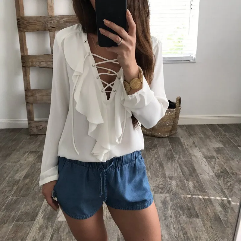 Sexy Top Women Chiffon Blouse 2018 Celmia Summer Autumn Lace Up V Neck Ruffles Long Sleeve Shirt Casual Plus Size Blusa Feminina |