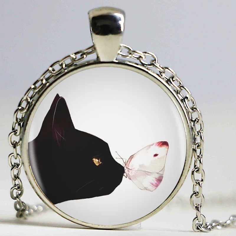 Подвеска "Черная кошка и бабочка" с длинной цепью из серебра высокого качества, изготовленная вручную для женщин.