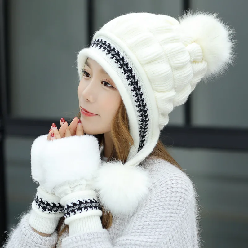 Модные женские зимние шапки, меховые шапки, шапка из лисьего меха, помпоны, шапочки, шапка s, вязаная Толстая шапка Skullies, женская шапка Gorros с перчатками - Цвет: white