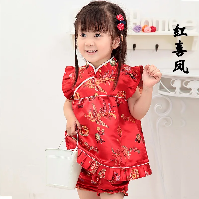 

2020 New Summer Floral Qipao Children's Sets New Year Chinese dresses short pants cheongsam