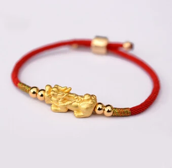 Red Gold Plated Модный китайский браслет ручной работы с Красной веревкой в виде дракона из чистого серебра 999 пробы, браслет с подвеской Pixiu для мужчин, женщин или влюбленных - Окраска металла: Red Gold Plated