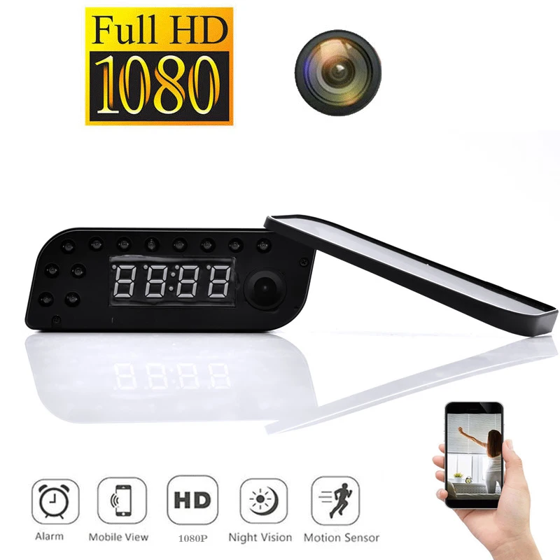 HD 1080 P Wi Fi мини зеркало заднего вида Камера будильник • Беспроводной няня часы IP P2P