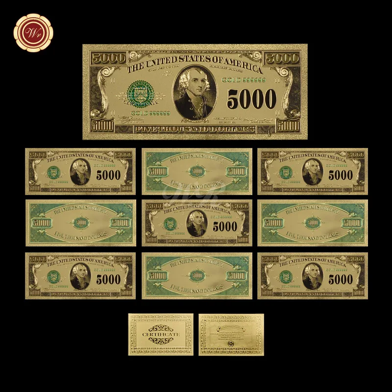 WR US позолоченная банкнота USD 5000 поддельные купюры американская копия бумажных