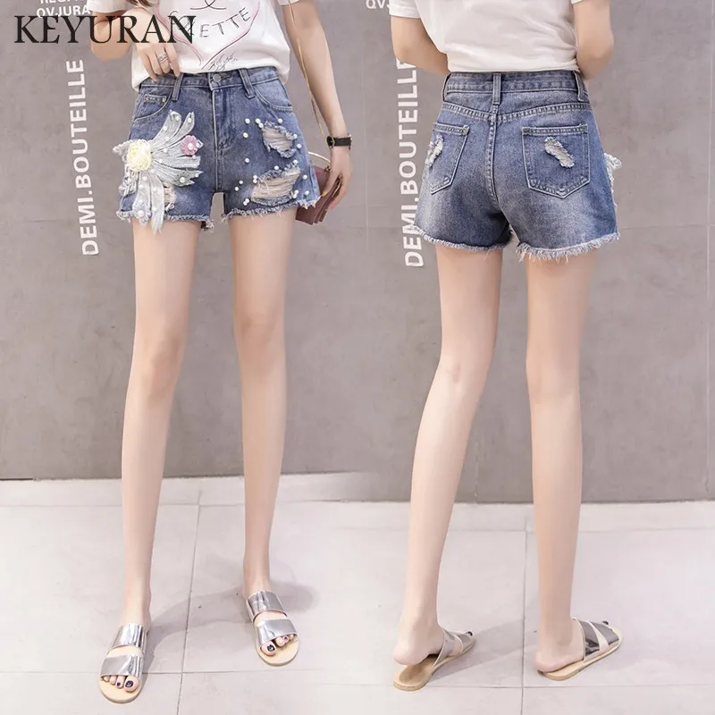 Женские джинсовые шорты с вышитыми дырами повседневные кружевными цветочками и