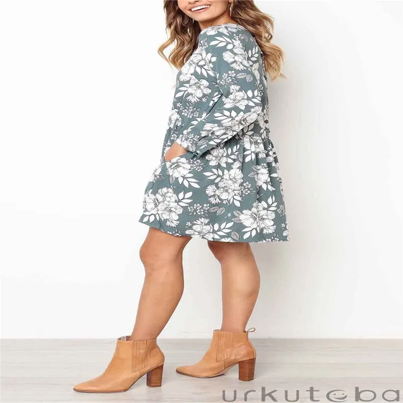 Модное женское платье в стиле бохо с круглым вырезом длинным рукавом и карманом