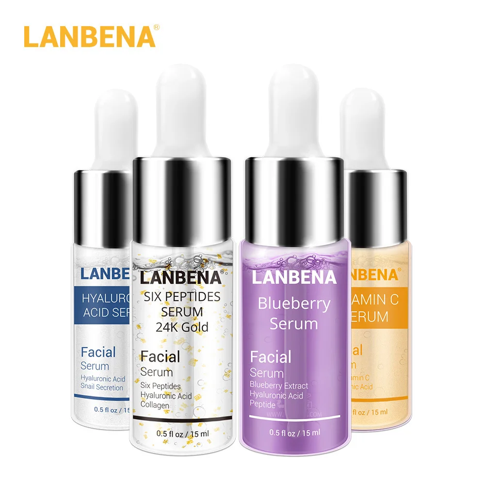 Set 1 4 шт LANBENA голубика+ Гиалуроновая кислота+ витамин С+ 24k золото шесть сыворотка с пептидами Антивозрастные пятна отбеливающий увлажняющий уход за кожей - Вес нетто: Set 1