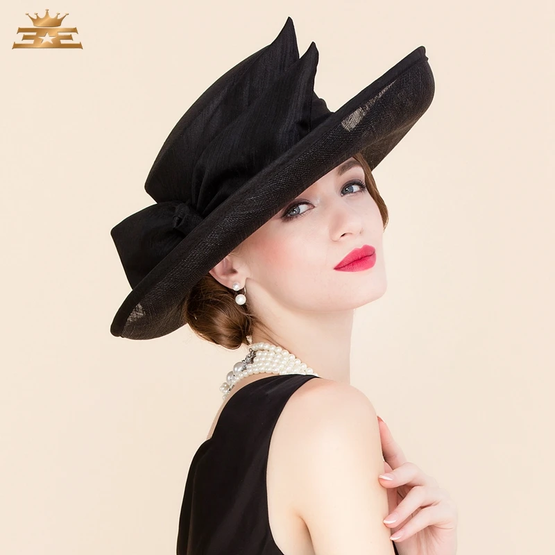 Летняя Свадебная черная льняная шляпа Федора для женщин платье с большим бантом