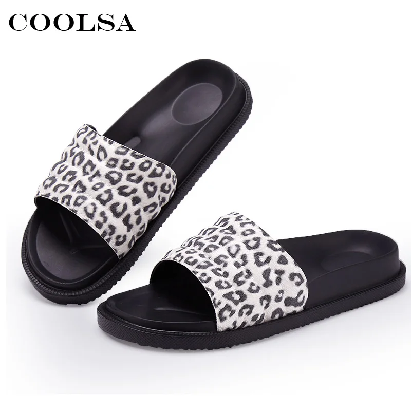 black Coolsa Лето Для женщин с леопардовым принтом тапочки PU плоские мягкие толстая подошва обувь на платформе уличные Шлепанцы женские Повседневное пляжные сандалии - Цвет: black