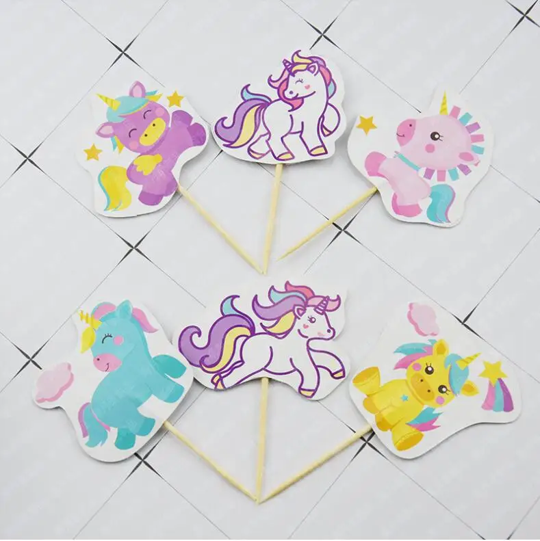 cake topper 24pcs Вечерние наборы посуды с изображением единорога из мультфильма, цвета: золотой, розовый, единорог, лошадь, детские принадлежности для вечеринки на день рождения, милый Подарочный пакет для салфеток, Декор - Цвет: cake topper 24pcs