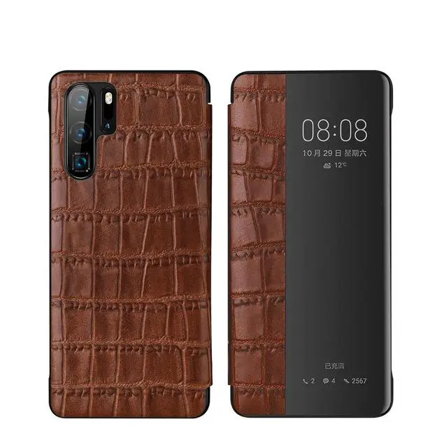 Чехол для huawei P30 из натуральной кожи крокодила магнитные с рисунком чехол для телефона для huawei P30 pro откидной Чехол-кошелек с умным окном - Цвет: Коричневый