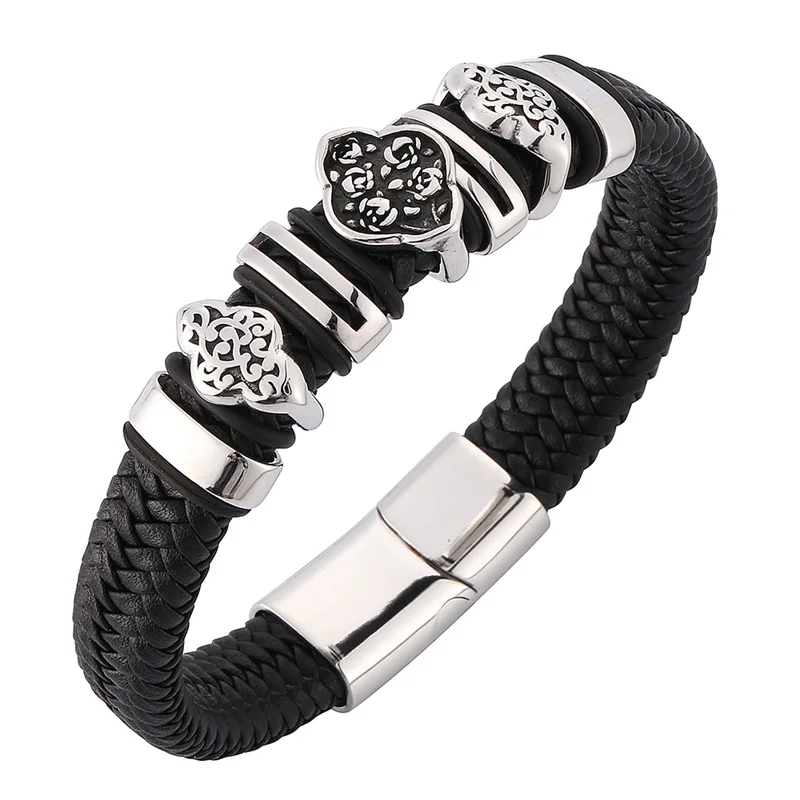 

Vintage Men Jewelry Bracelets Black Braided Leather Bracelet Handmade Stainless Steel Magnetic Clasp Men Wristband Punk SP0106