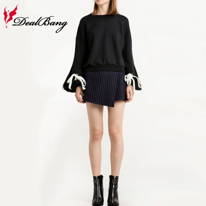 Dealbang черный кофты женские Фонарь рукава dweater повязки с длинным рукавом Уличная
