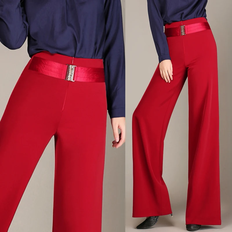 Summer Spring 2018 New Office Lady Woman Green Wine Red Black High Waisted Wide Leg Trousers , Casual Patchwork Pants For Woman