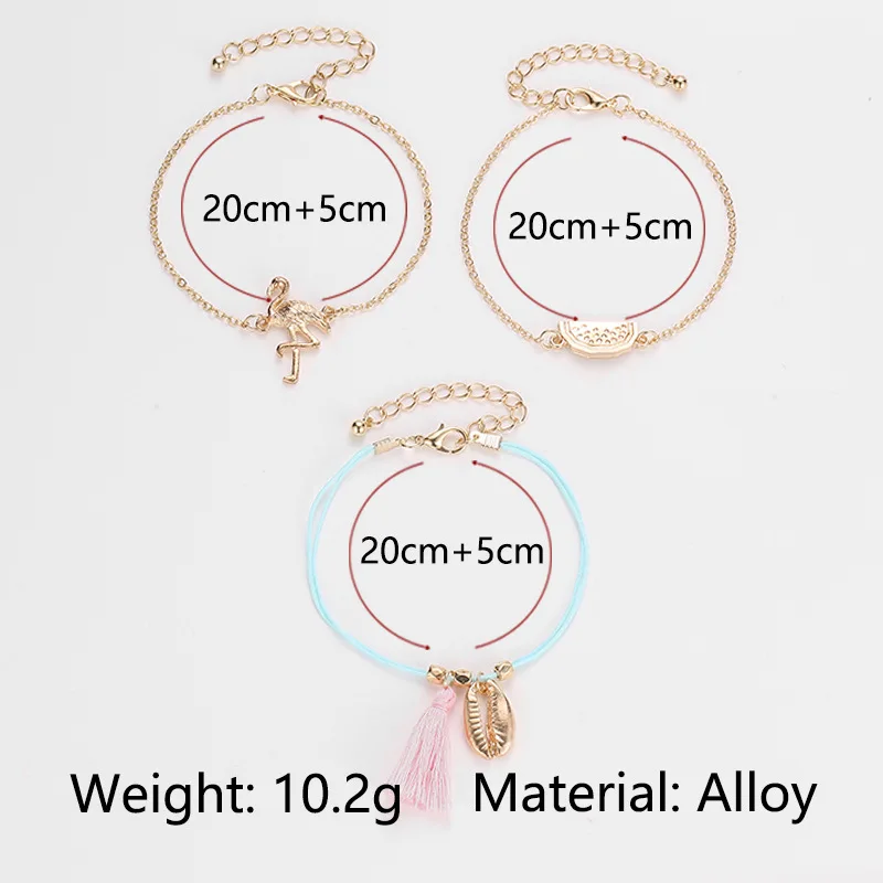 

3 pcs/set 2019 Bohemian Alloy Gold Flamingo Shell Watermelon Pink Tassel Chain Bracelet Bangles Set Summer Beach Party Gift