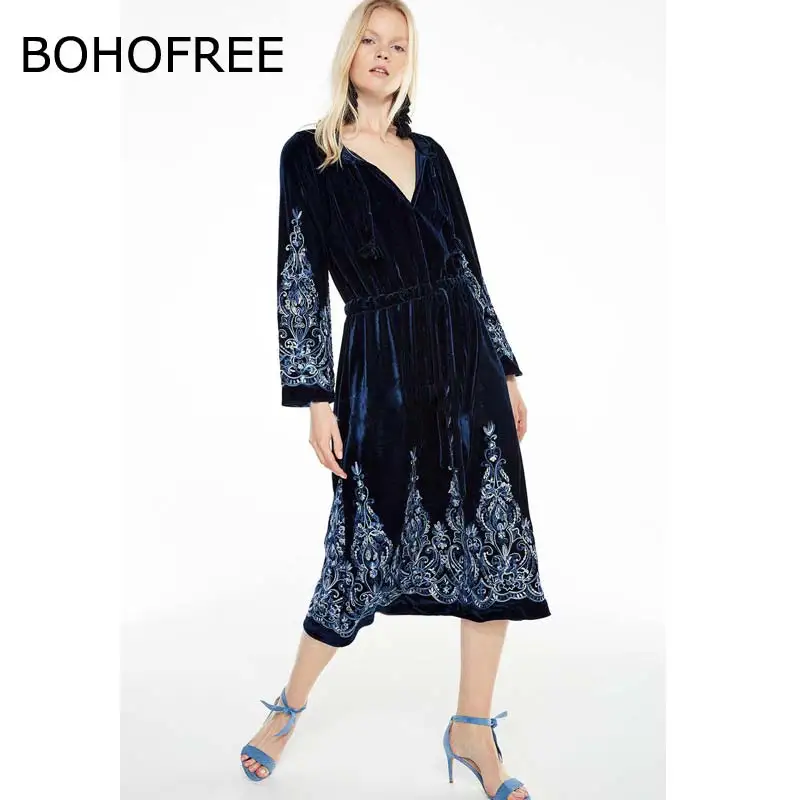 BOHOFREE богемное элегантное винтажное длинное платье с цветочной вышивкой макси