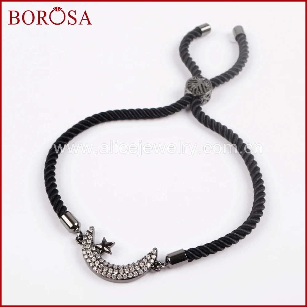 Borosa Micro Pave CZ Белый циркон звезды и луна Spacer разъем хлопчатобумажной веревки