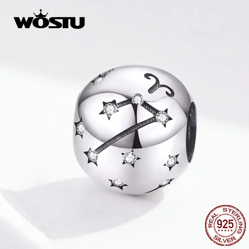 WOSTU Овен, Телец бусины с созвездием 925 пробы Серебро CZ Шарм подходят DIY браслет бусины для изготовления ювелирных изделий FIC1218-1